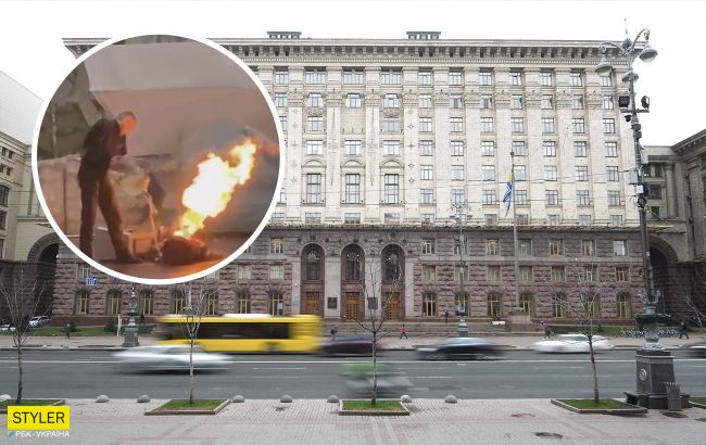 НП в центрі Києва: у мітингувальників спалахнув газовий балон (відео)