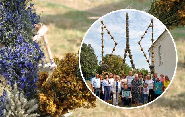 У селі на Хмельниччині виготовили рекордний трав'яний тризуб: дивіться, як виглядає це диво