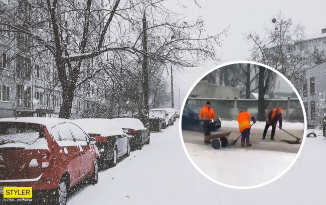 У Києві комунальники клали асфальт у снігопад: завзятий ремонт потрапив на відео