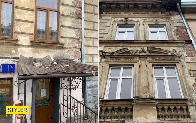 У Львові впала частина фасаду будинку на дах магазину, з якого виходила людина (фото)