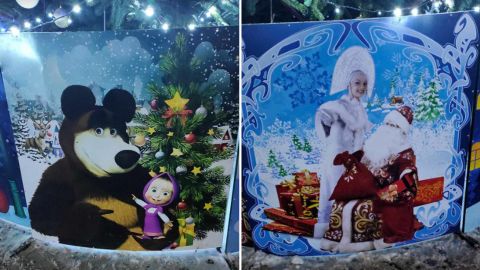 Снігурка в кокошнику і ведмеді. Під Києвом ялинку прикрасили картинками із російського мультика (фото)