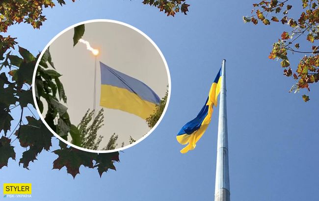 В Харькове молния попала в недавно установленный флагшток: момент попал на видео