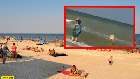 На пляжі під Запоріжжям бабуся "вигулювала" онука на повідку (відео)