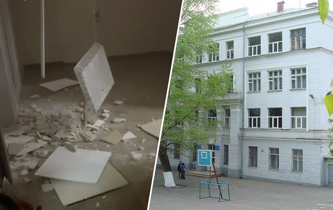 В школе Киева прямо во время занятий обрушился потолок (видео)