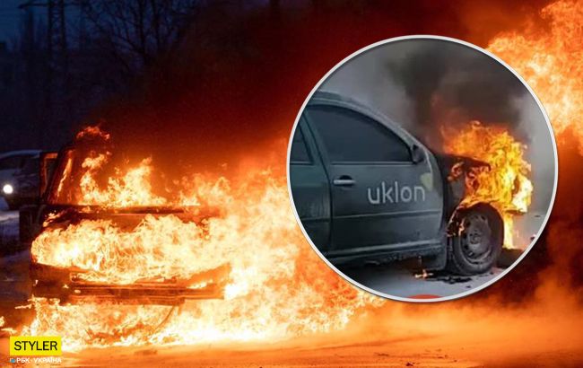 Згорів на роботі: в Києві прямо посеред дороги спалахнув "Uklon" (відео)