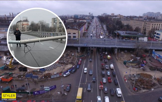На відремонтованому Шулявському мосту впали стовпи: мало не вбили жінку