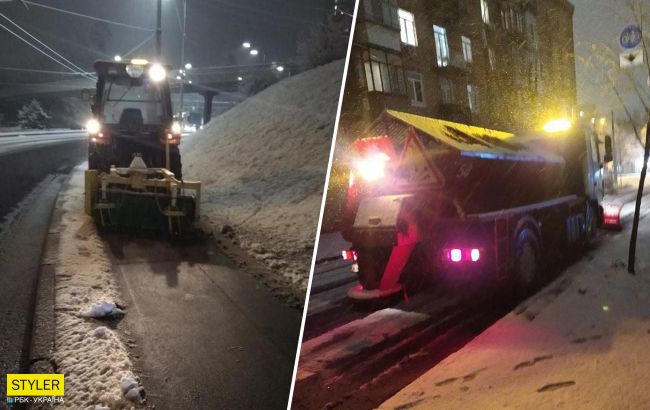 В Киеве коммунальщики обрабатывают дороги: мешающие спецтехнике авто будут эвакуировать (видео)