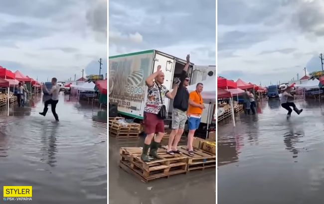 Затанцювали у величезній калюжі: торговці затопленого ринку під Херсоном підірвали мережу (відео)