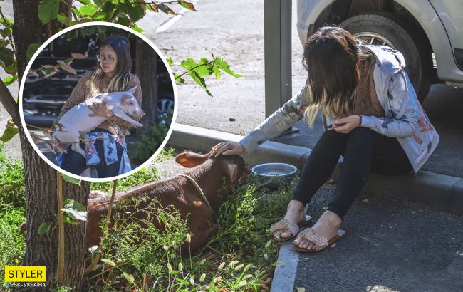 В центрі Дніпра американка вигулювала порося і теля, які живуть з нею на орендованій квартирі (фото)