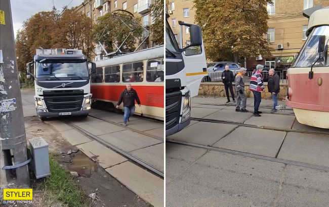 У Києві водії трамвая та сміттєвоза прямо на дорозі влаштували бійку: епічне відео