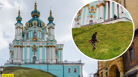У Києві вирішили оригінально покосити траву: використали "альпіністів"