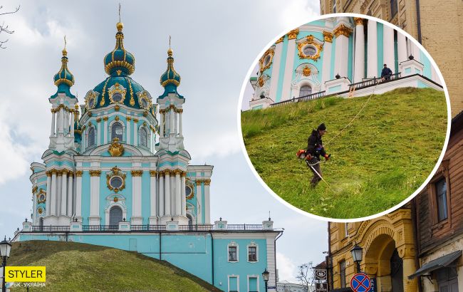 У Києві вирішили оригінально покосити траву: використали "альпіністів"