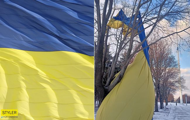 В Харькове ветер разорвал самый высокий флаг Украины, а в Краматорске сорвал с фгагштока (видео, фото)