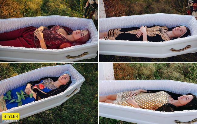 В Днепре представили странную коллекцию одежды для похорон: модели позировали в гробах (фото)