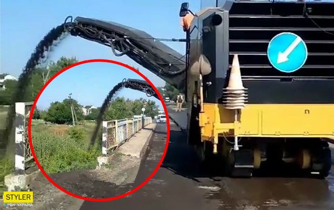 На Запоріжжі робочі висипали "зайвий" асфальт з мосту в річку: відео інциденту