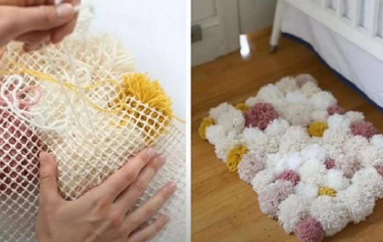 Создание коврика из сетки, ниток и помпонов