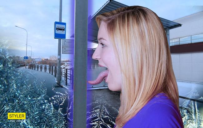В Одессе на остановке девушка прилипла языком к трубе