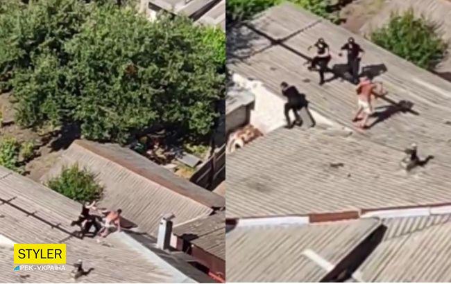 Сидел на крыше и вел себя неадекватно: в Харькове полуголый мужчина устроил драку с патрульными (видео)