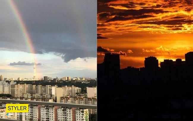 Над Киевом раскинулась двойная радуга, а затем в небе "расцвел" закат: яркие фото и видео