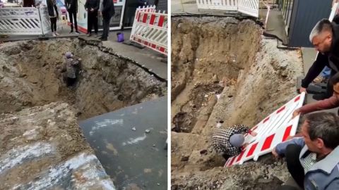 У Києві бабуся провалилася в гігантську яму, покинуту комунальниками (відео)