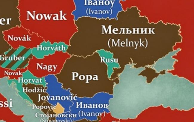 Художник показал на карте, какие фамилии самые популярные в Европе
